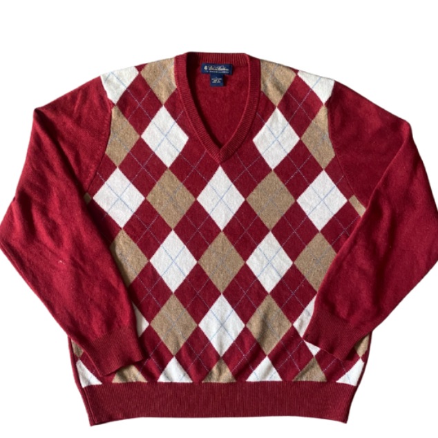 Brooks Brothers 3ply Italian Cashmere Classic Argyle V-Neck Sweater - Burgundy